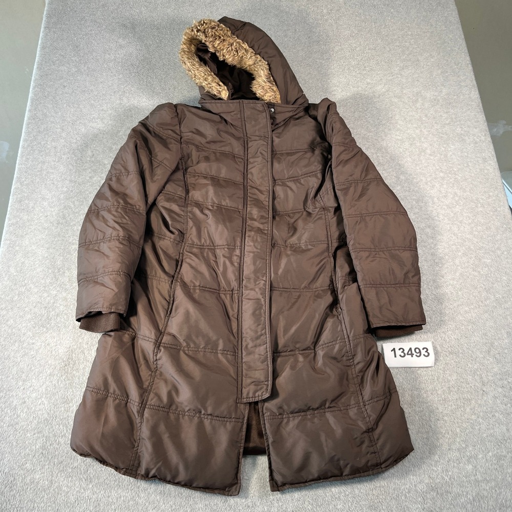 Old Navy Puffer Coat Women Large Brown Excellent Faux Fur Hood Long Parka